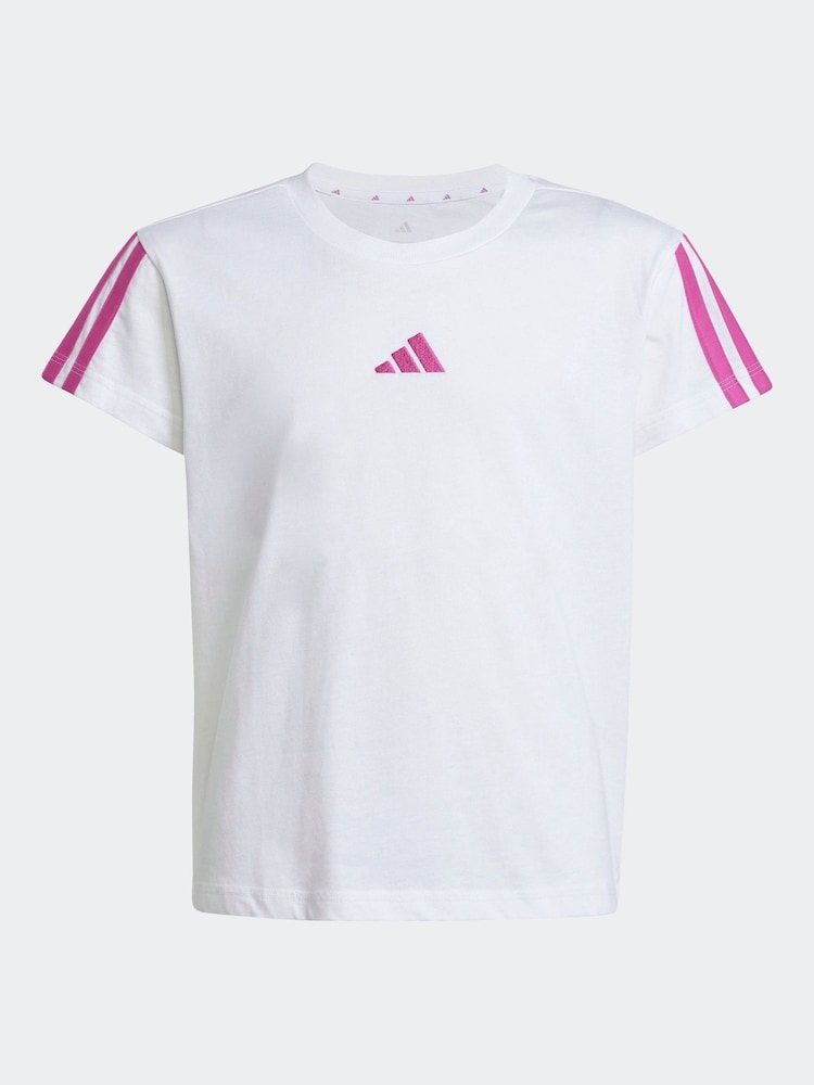 adidas White 3 Stripe Essentials 100% Cotton T-Shirt - Image 6 of 6