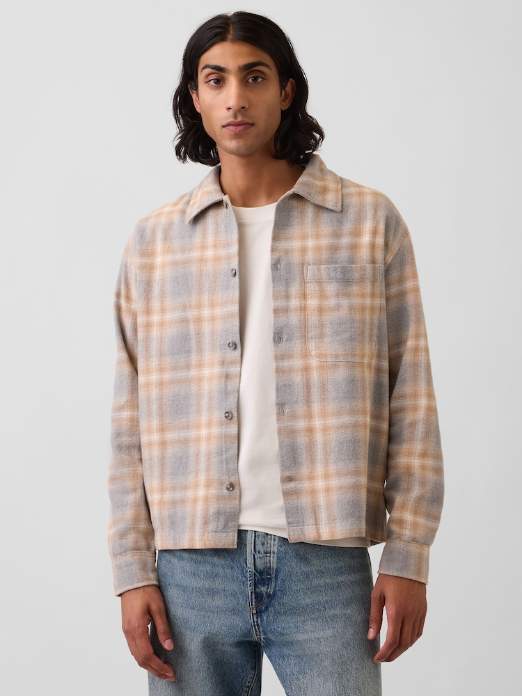 Gap Grey/Yellow Check Relaxed Straight-Hem Flannel Shirt - Image 1 of 4 Gap Grey/Yellow Check Relaxed Straight-Hem Flannel Shirt - Image 1 of 4