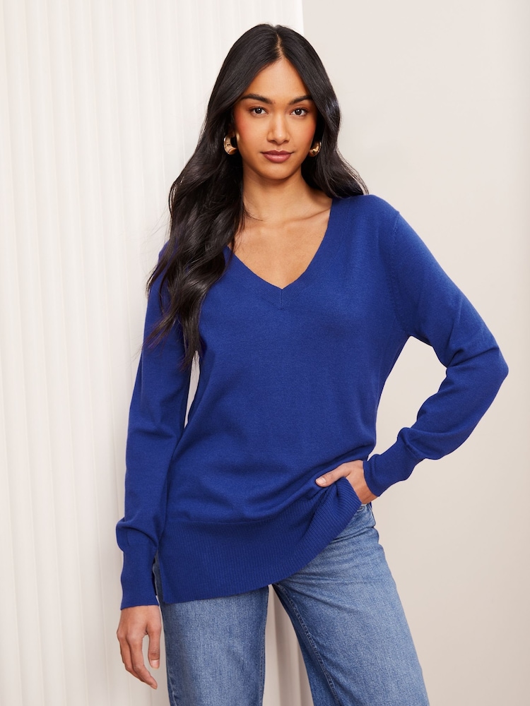 Friends Like These Cobalt Blue V-Neck Knit Jumper - Image 1 of 4