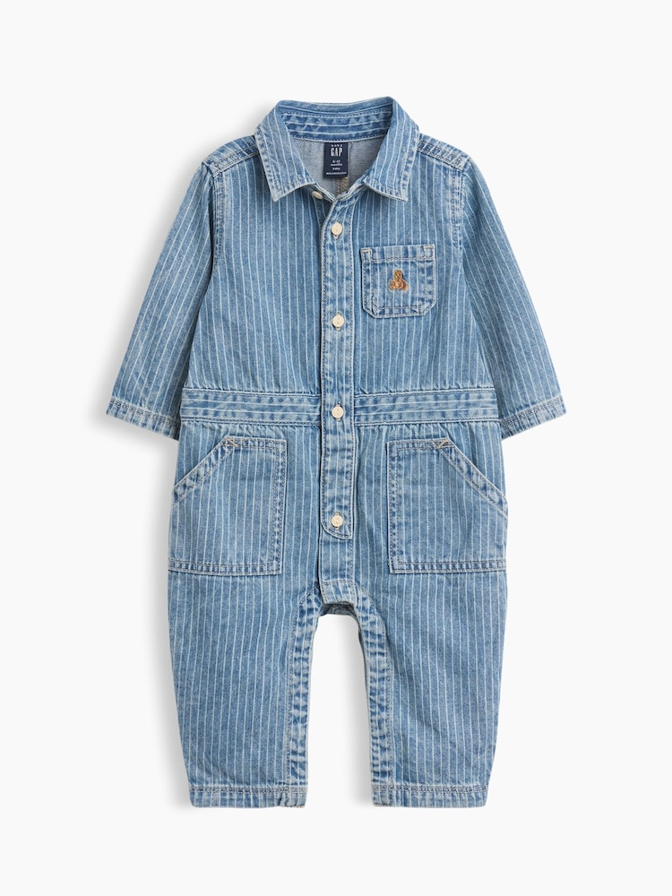 Gap Light Wash Denim Stripe Utility One-Piece Dungarees (0-24mths) - Image 1 of 4 Gap Light Wash Denim Stripe Utility One-Piece Dungarees (0-24mths) - Image 1 of 4