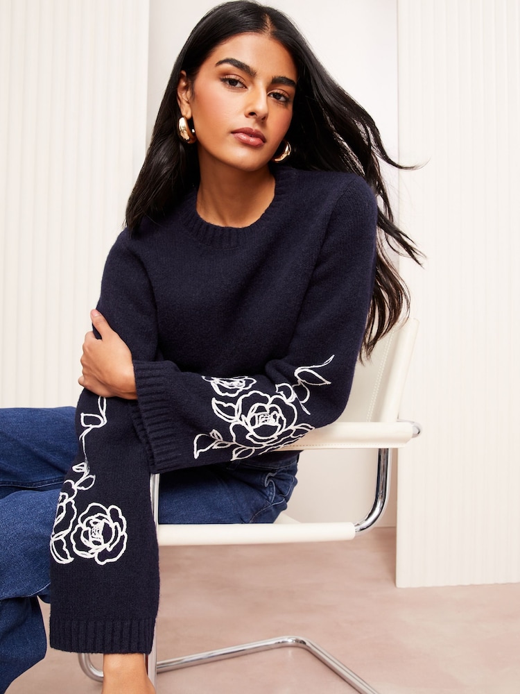 Friends Like These Navy Floral Sleeve Detail Jumper - Image 4 of 5