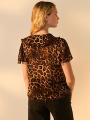 Leopard Print Peter Pan Collar Sheer Short Sleeve Blouse - Image 3 of 7