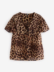 Leopard Print Peter Pan Collar Sheer Short Sleeve Blouse - Image 5 of 7