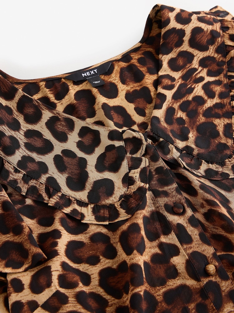 Leopard Print Peter Pan Collar Sheer Short Sleeve Blouse - Image 6 of 7