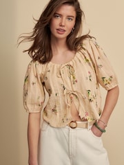Natural Floral Print Tie Front Puff Short Sleeve Top - Image 1 of 8