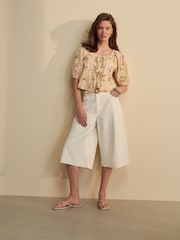 Natural Floral Print Tie Front Puff Short Sleeve Top - Image 2 of 8