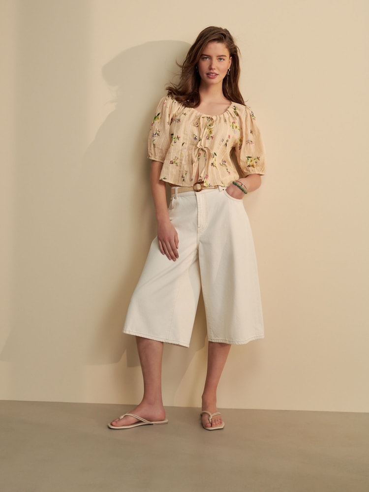 Natural Floral Print Tie Front Puff Short Sleeve Top - Image 2 of 8