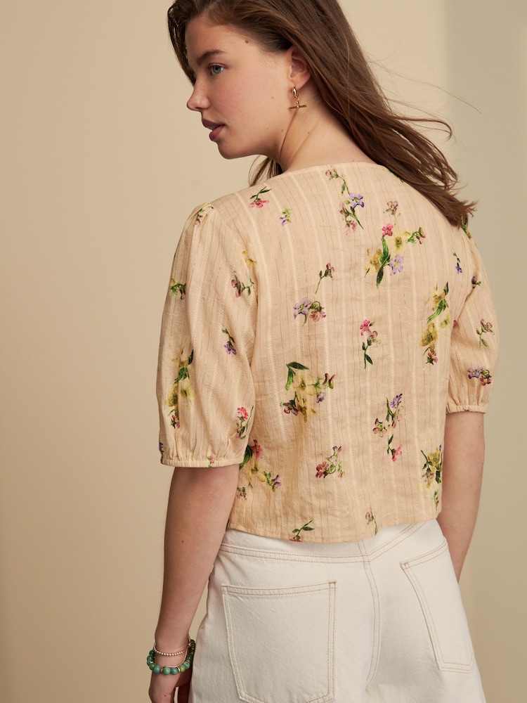 Natural Floral Print Tie Front Puff Short Sleeve Top - Image 3 of 8