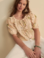 Natural Floral Print Tie Front Puff Short Sleeve Top - Image 4 of 8