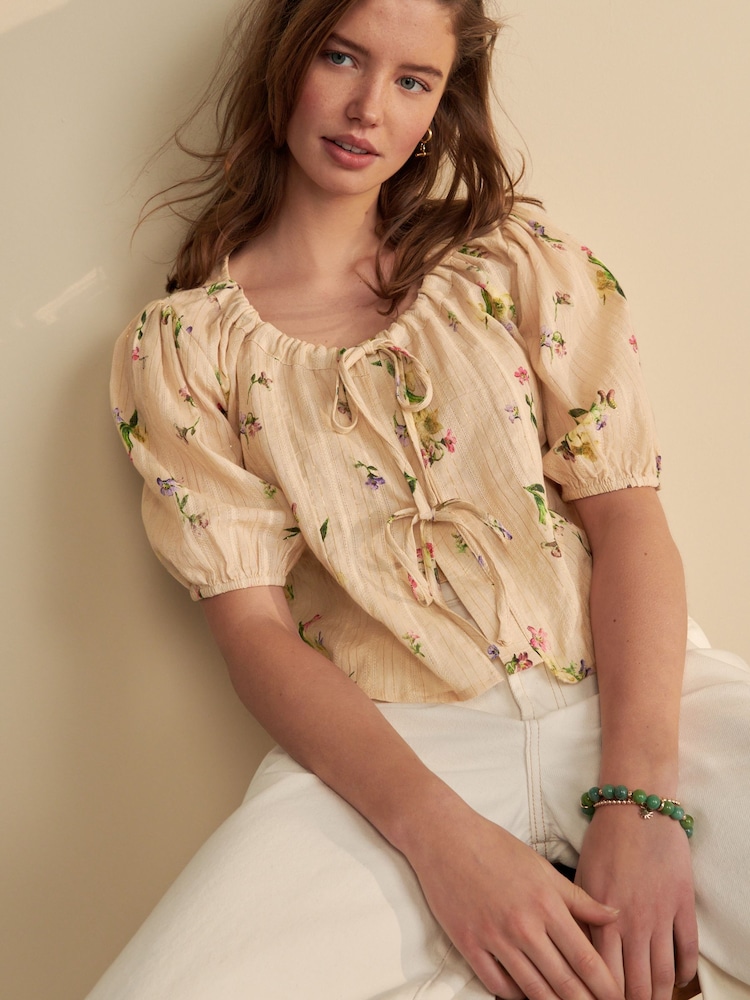 Natural Floral Print Tie Front Puff Short Sleeve Top - Image 4 of 8