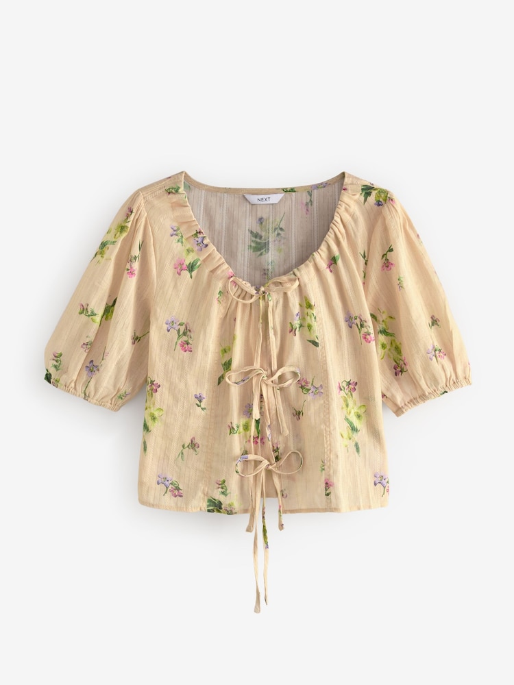 Natural Floral Print Tie Front Puff Short Sleeve Top - Image 6 of 8