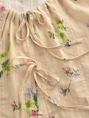 Natural Floral Print Tie Front Puff Short Sleeve Top - Image 7 of 8