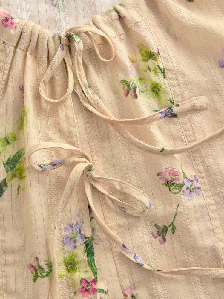 Natural Floral Print Tie Front Puff Short Sleeve Top - Image 7 of 8