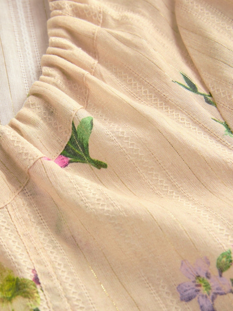 Natural Floral Print Tie Front Puff Short Sleeve Top - Image 8 of 8