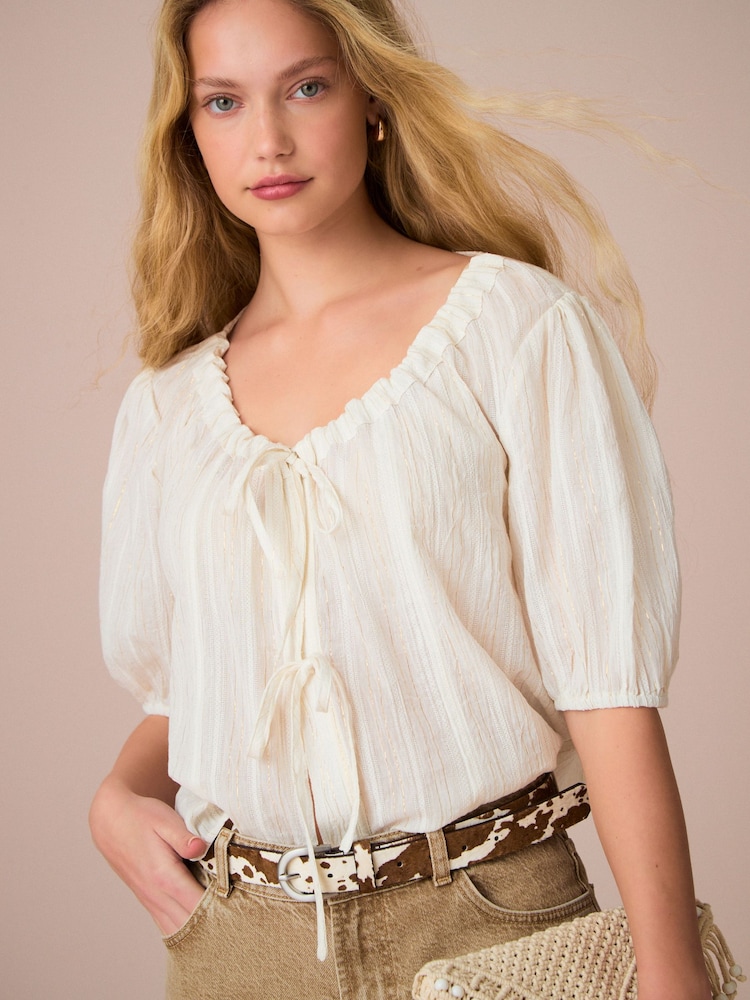 White/Gold Metallic Stripe Tie Front Puff Short Sleeve Top - Image 1 of 5