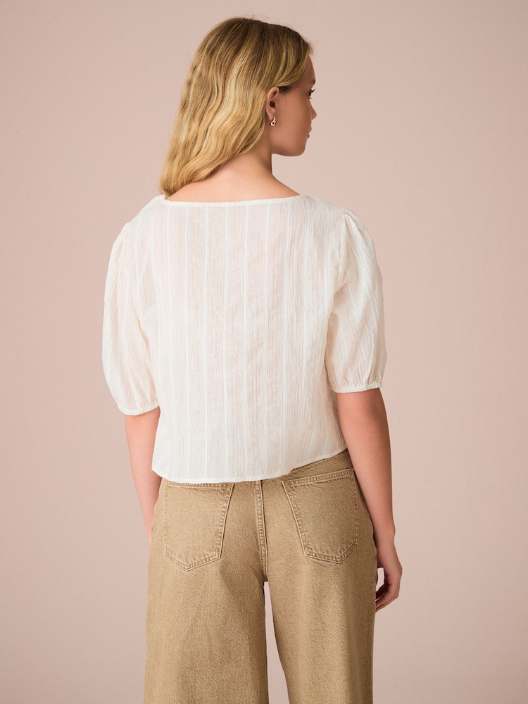 White/Gold Metallic Stripe Tie Front Puff Short Sleeve Top - Image 2 of 5
