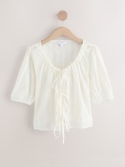 White/Gold Metallic Stripe Tie Front Puff Short Sleeve Top - Image 3 of 5