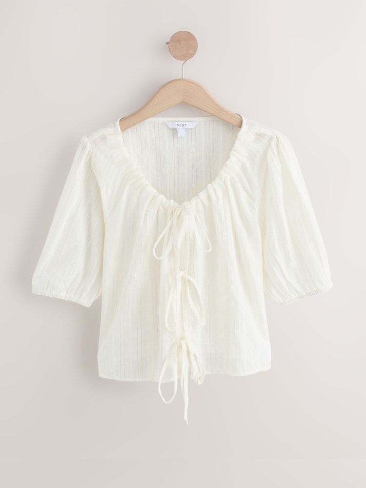 White/Gold Metallic Stripe Tie Front Puff Short Sleeve Top - Image 3 of 5