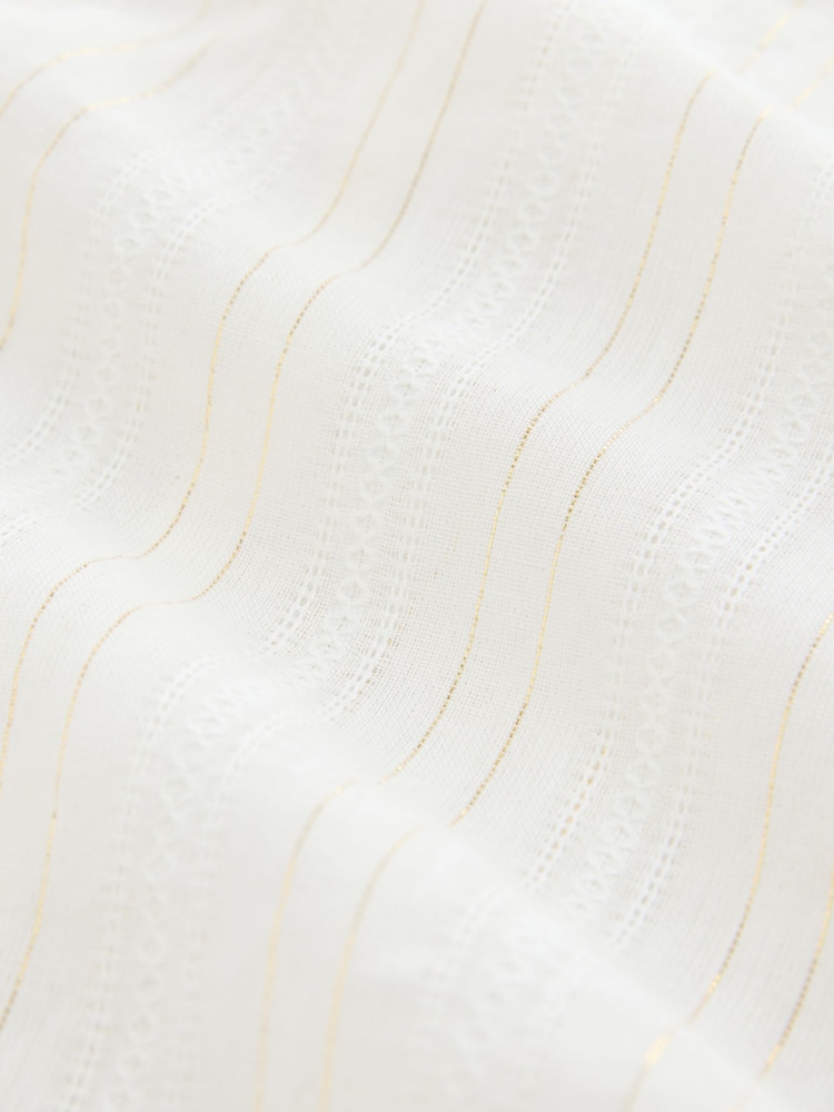 White/Gold Metallic Stripe Tie Front Puff Short Sleeve Top - Image 5 of 5