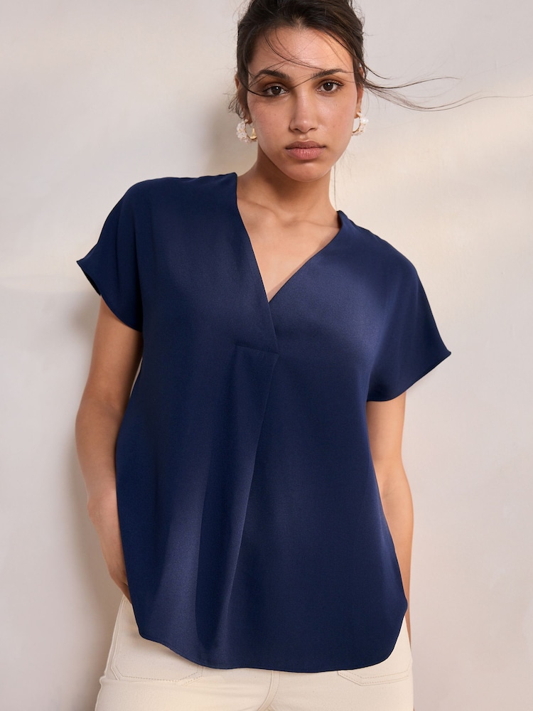 Navy Blue Relaxed Fit Short Sleeve Overhead V-Neck Blouse - Image 1 of 8