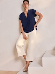 Navy Blue Relaxed Fit Short Sleeve Overhead V-Neck Blouse - Image 2 of 8