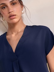 Navy Blue Relaxed Fit Short Sleeve Overhead V-Neck Blouse - Image 5 of 8