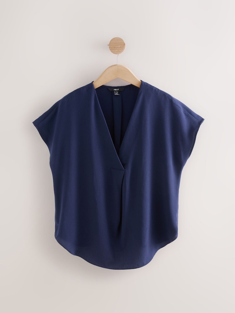 Donkerblauw - Relaxte pullover-blouse met korte mouwen en V-hals - Image 6 of 8