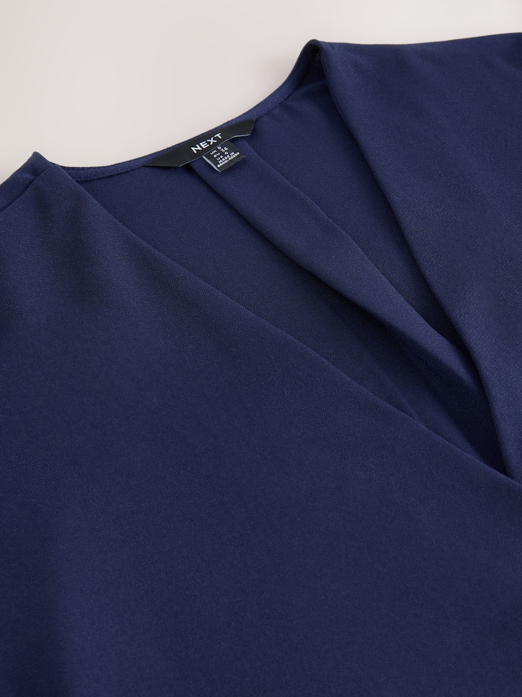 Navy Blue Relaxed Fit Short Sleeve Overhead V-Neck Blouse - Image 8 of 8