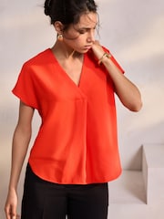 Bright Red Relaxed Fit Short Sleeve Overhead V-Neck Blouse - Image 1 of 8