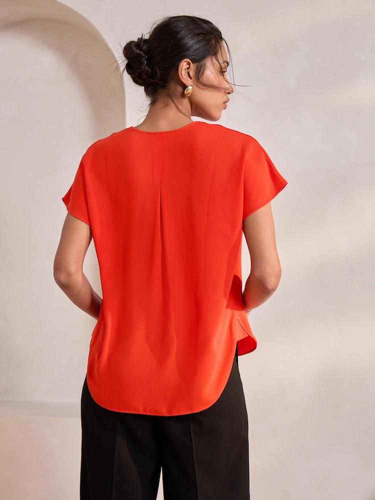 Rouge vif - Relaxed Fit Manches courtes Overhead Col en V Chemisiers - Image 3 of 8