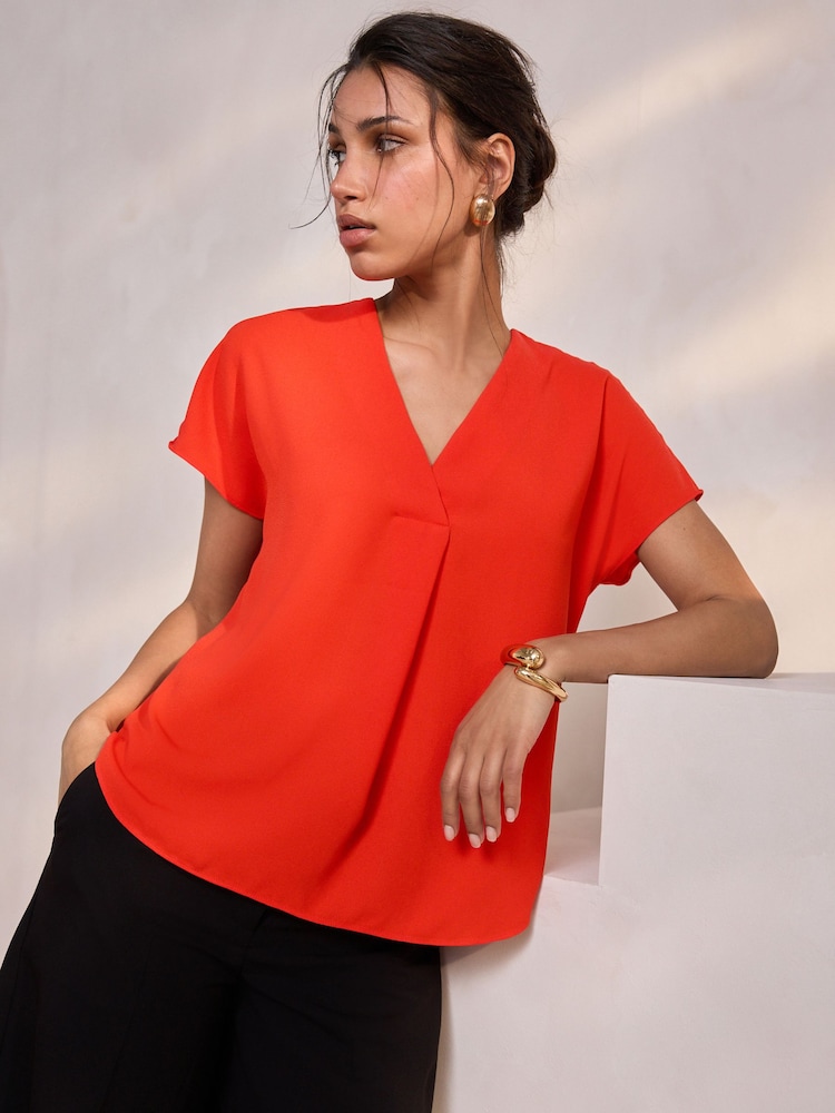 Rouge vif - Relaxed Fit Manches courtes Overhead Col en V Chemisiers - Image 4 of 8