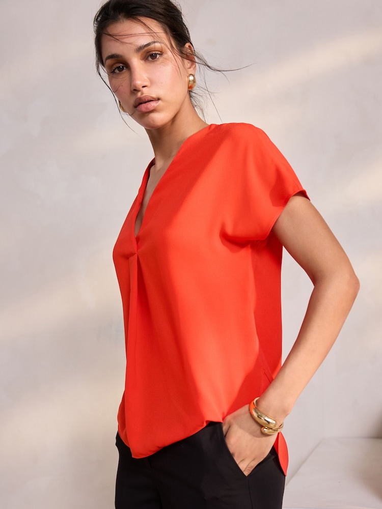 Rouge vif - Relaxed Fit Manches courtes Overhead Col en V Chemisiers - Image 5 of 8