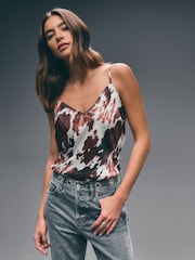 Brown/White Cow Print Satin Cami Top - Image 1 of 8