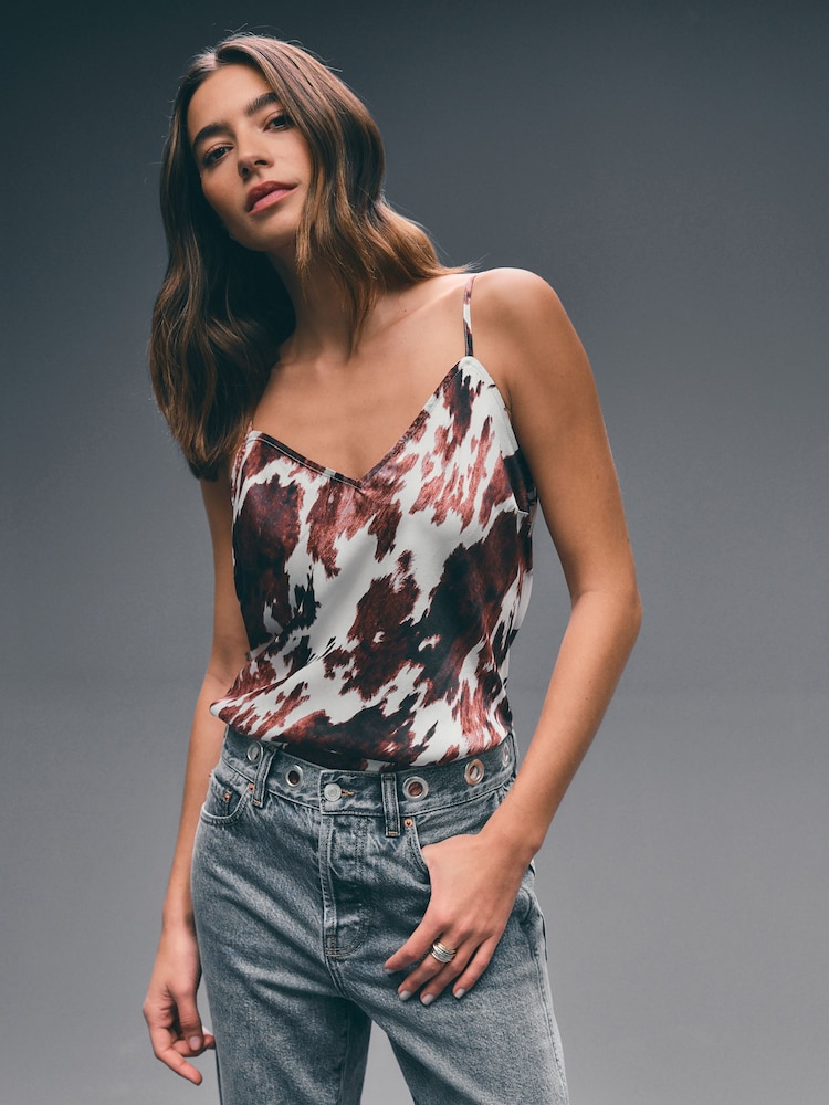 Brown/White Cow Print Satin Cami Top - Image 1 of 8
