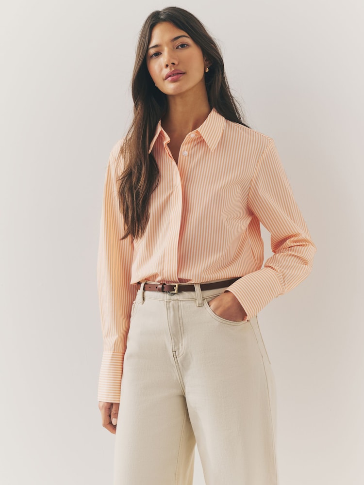 Orange/White Stripe Fitted Collared Essential Long Sleeve Shirt - Image 1 of 9