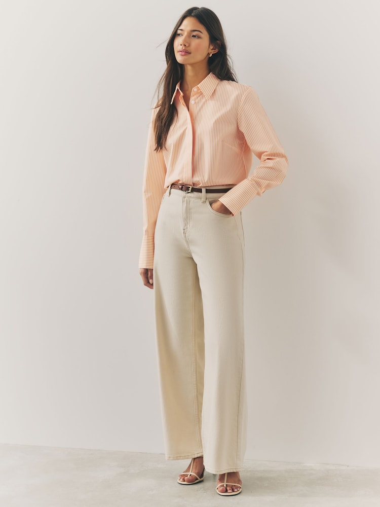 Orange/White Stripe Fitted Collared Essential Long Sleeve Shirt - Image 2 of 9