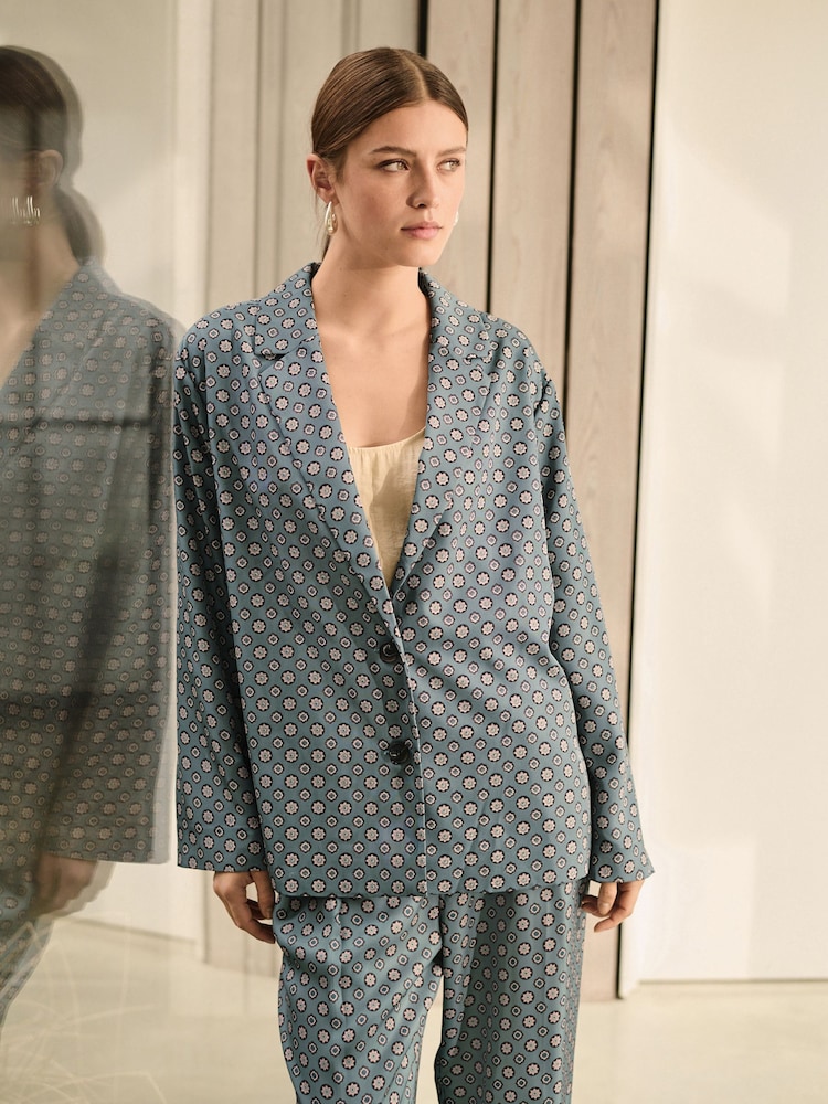 Blue Geo Print Relaxed Single Breasted Blazer - Image 1 of 9