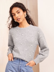 Friends Like These Grey Petite Bobble Crew Neck Jumper - Image 1 of 5
