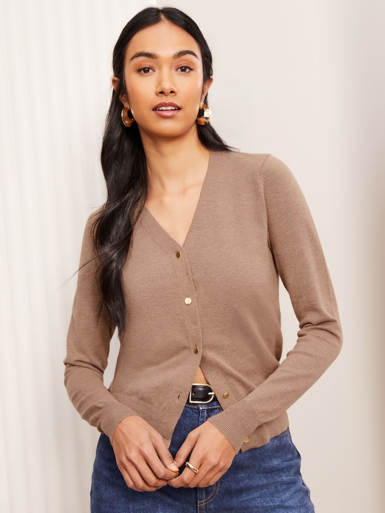 Friends Like These Taupe Petite V-Neck Cardigan - Image 1 of 4