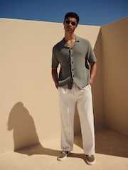 Ecru White Relaxed Fit Cotton Linen Twill Elasticated Waist Trousers - Image 1 of 8