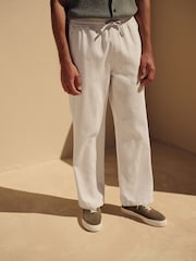 Ecru White Relaxed Fit Cotton Linen Twill Elasticated Waist Trousers - Image 2 of 8