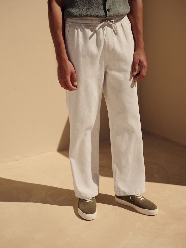 Ecru White Relaxed Fit Cotton Linen Twill Elasticated Waist Trousers - Image 2 of 8