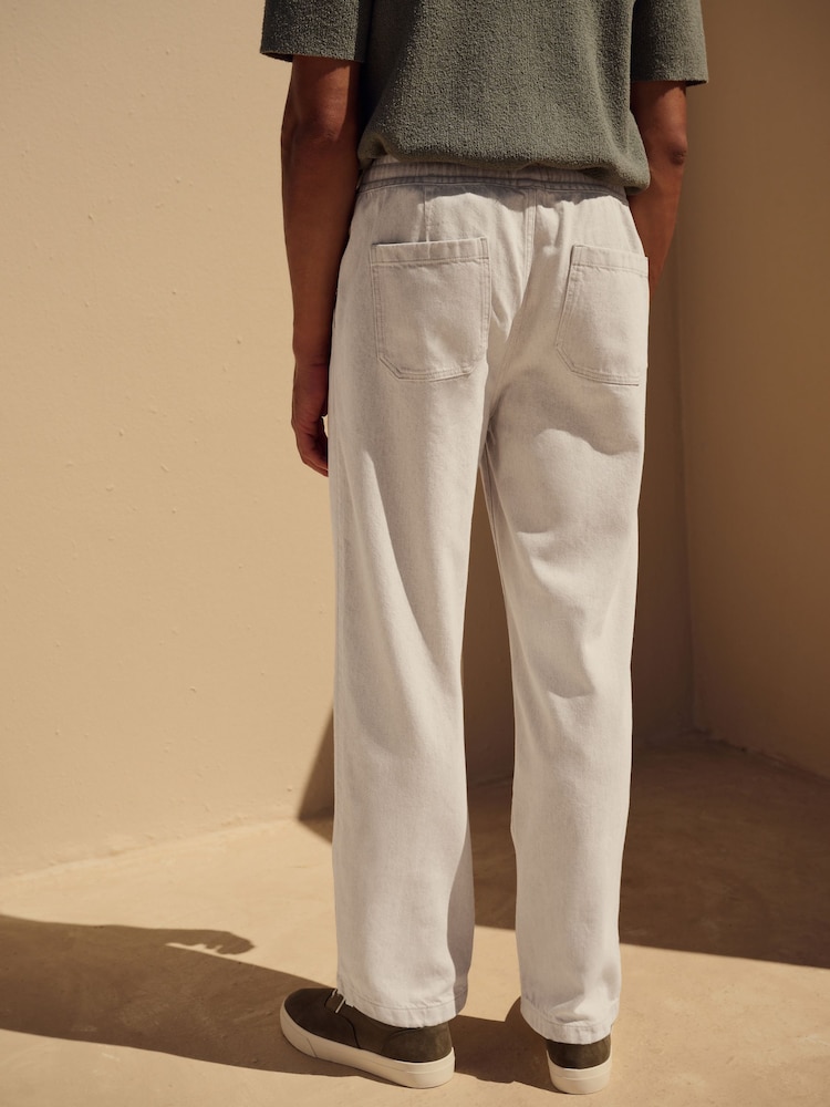 Ecru alb - Pantaloni din bumbac și in cu talie elastică din twill - Image 3 of 8