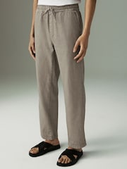 Mushroom Brown Relaxed Fit Cotton Linen Twill Elasticated Waist Trousers - Image 1 of 13