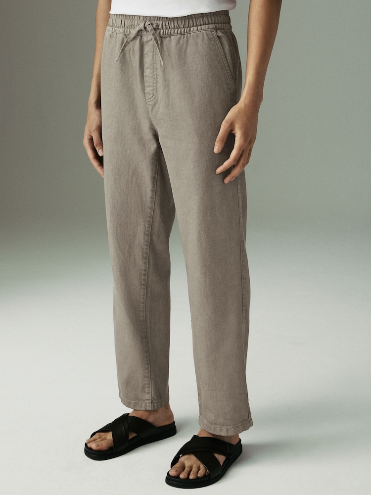 Mushroom Brown Relaxed Fit Cotton Linen Twill Elasticated Waist Trousers - Image 1 of 13
