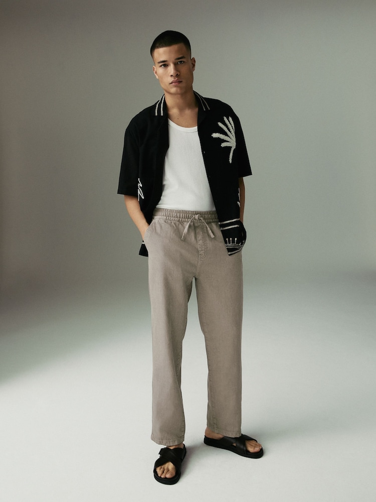 Mushroom Brown Relaxed Fit Cotton Linen Twill Elasticated Waist Trousers - Image 3 of 13