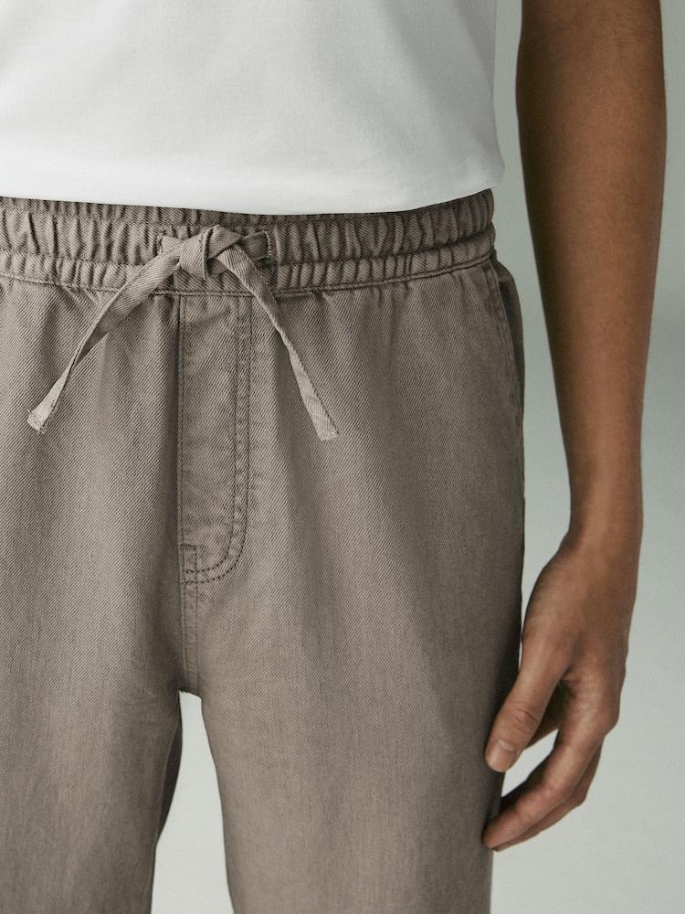 Mushroom Brown Relaxed Fit Cotton Linen Twill Elasticated Waist Trousers - Image 7 of 13