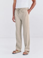 Natural Relaxed Fit Linen Cotton Elasticated Waist Drawstring Trousers - Image 1 of 10