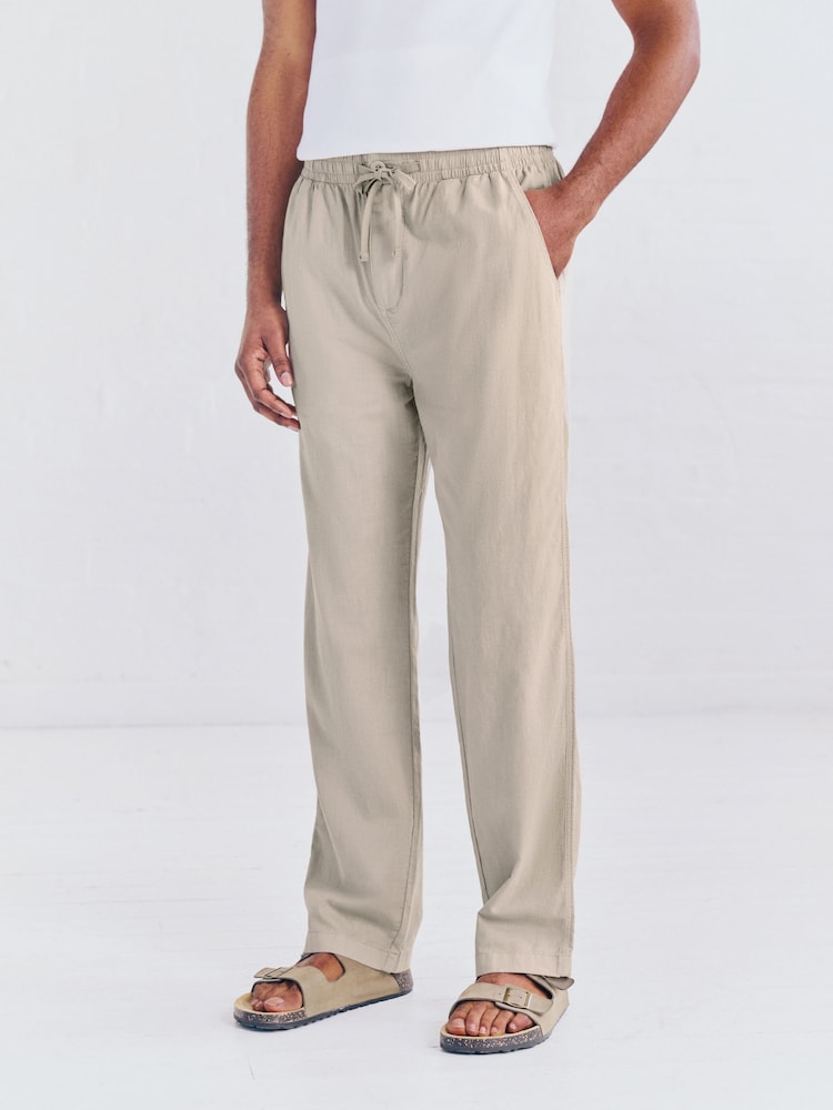 Natural Relaxed Fit Linen Cotton Elasticated Waist Drawstring Trousers - Image 1 of 10