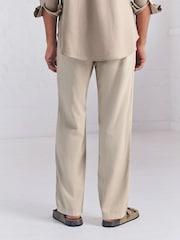 Natural Relaxed Fit Linen Cotton Elasticated Waist Drawstring Trousers - Image 4 of 10